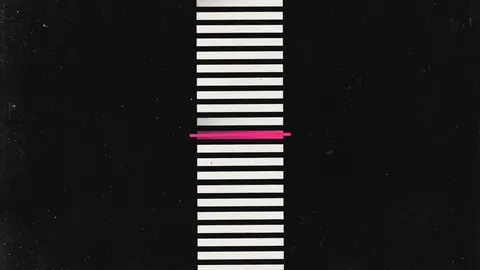 Duotone plate of a tall column of short off-white config bars with no characters, one bar struck through in hot pink.