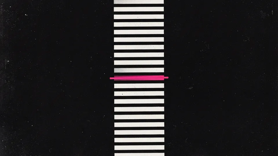 Duotone plate of a tall column of short off-white config bars with no characters, one bar struck through in hot pink.