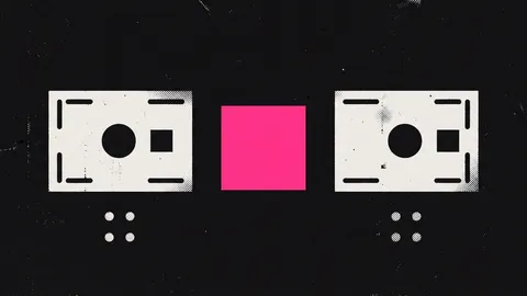 Duotone plate of two identical router blocks with one shared hot pink virtual square floating between them and host dots below.