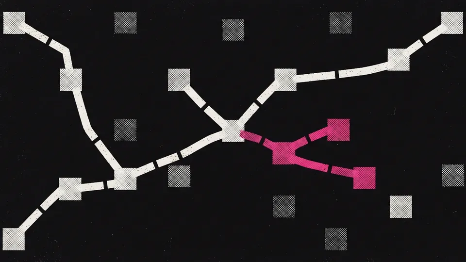 Duotone plate of a thick off-white path hopping between square router nodes on near-black, with one alternative branch peeling away in hot pink.