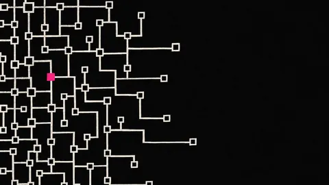 Duotone plate of an abstract network topology: off-white square nodes joined by right-angled links on near-black, one node picked out in hot pink.