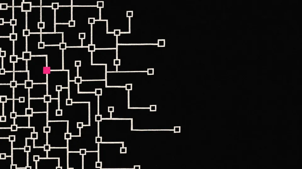 Duotone plate of an abstract network topology: off-white square nodes joined by right-angled links on near-black, one node picked out in hot pink.