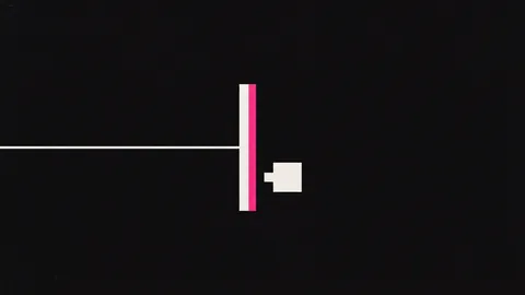 Duotone plate of a single port line stopped at a closed gate with a hot pink edge, a small notched key square waiting beside it.