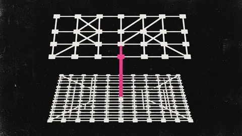 Duotone plate of two stacked grids, a dense flat lower mesh and a sparser upper grid, joined by one hot pink link.