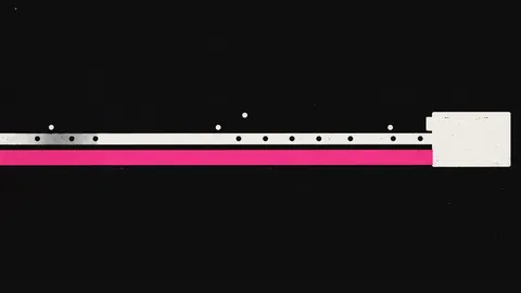 Duotone plate of a cable line carrying small off-white data dots with a parallel hot pink power bar running into a small device block.
