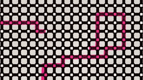 Duotone plate of a crossbar grid of junctions with one right-angled forwarding path traced through it in hot pink.