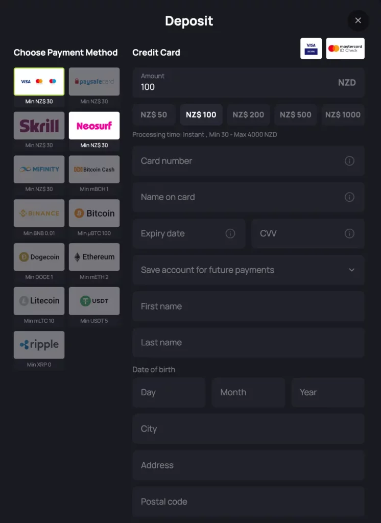 Casino New Zealand deposit and withdrawal screen showing crypto, POLi, and e-wallet options for real-money play.