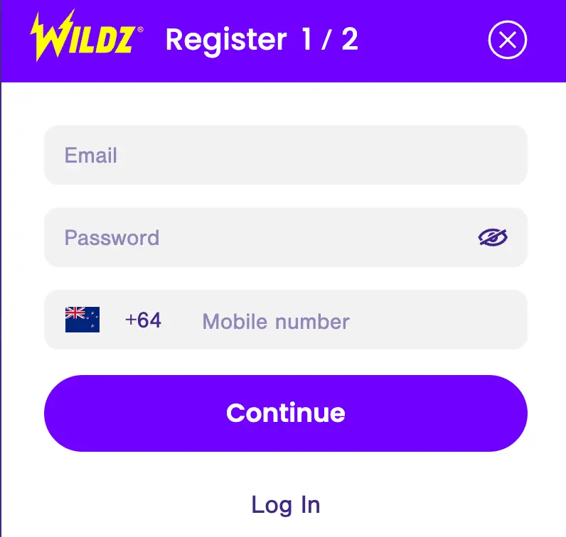 Screenshot of Wildz Casino NZ registration form requesting user email, password, and mobile number.