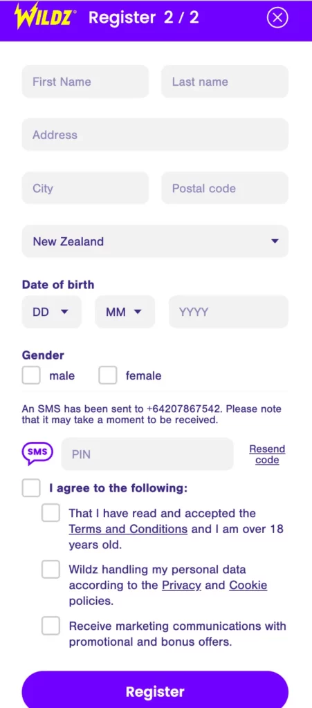 Screenshot of Wildz Casino NZ registration form requesting more details.