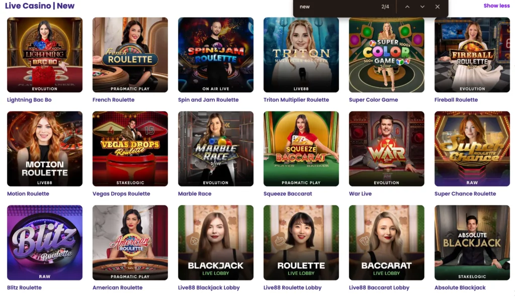Screenshot of live dealer games at Wildz Casino NZ with real-time roulette, blackjack, and game shows.