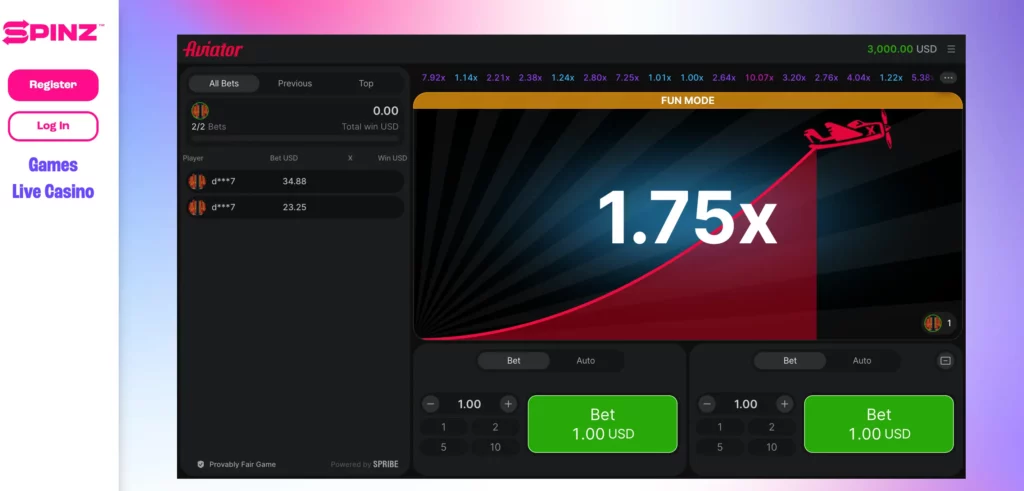  Aviator crash game shown in demo mode for new users at Spinz casino in New Zealand.