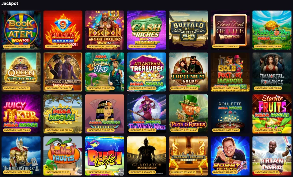 Screenshot of jackpot slot games at BetandPlay Casino NZ featuring progressive slots like Mega Moolah and Divine Fortune.