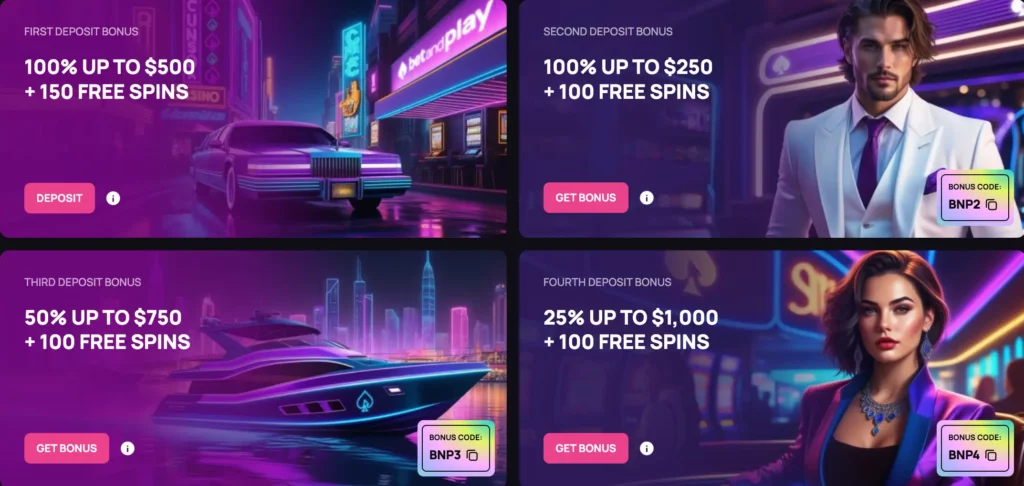 BetandPlay Casino NZ welcome bonus showing $500 first deposit match and 150 free spins.