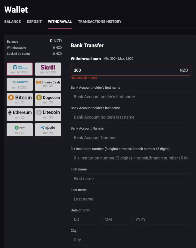 Screenshot of BetandPlay Casino NZ withdrawal options, including Bank Transfer, Skrill, and crypto wallets.