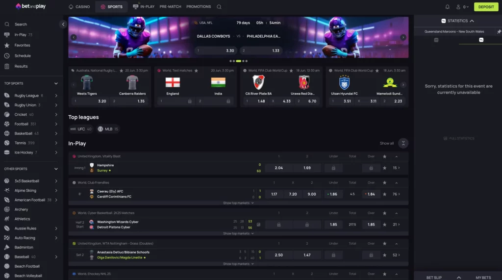 Screenshot of BetandPlay Casino NZ sports betting page showing live odds, bet slip formats, and featured events.