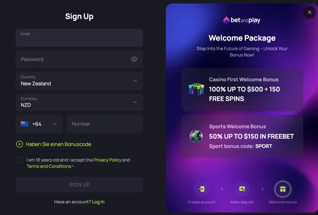 Casino New Zealand registration form showing phone and email signup options on mobile.