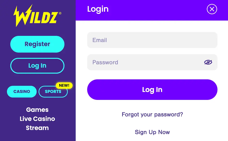 Casino NZ login screen showing access via email.