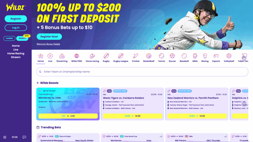 Screenshot of Wildz NZ sports betting section