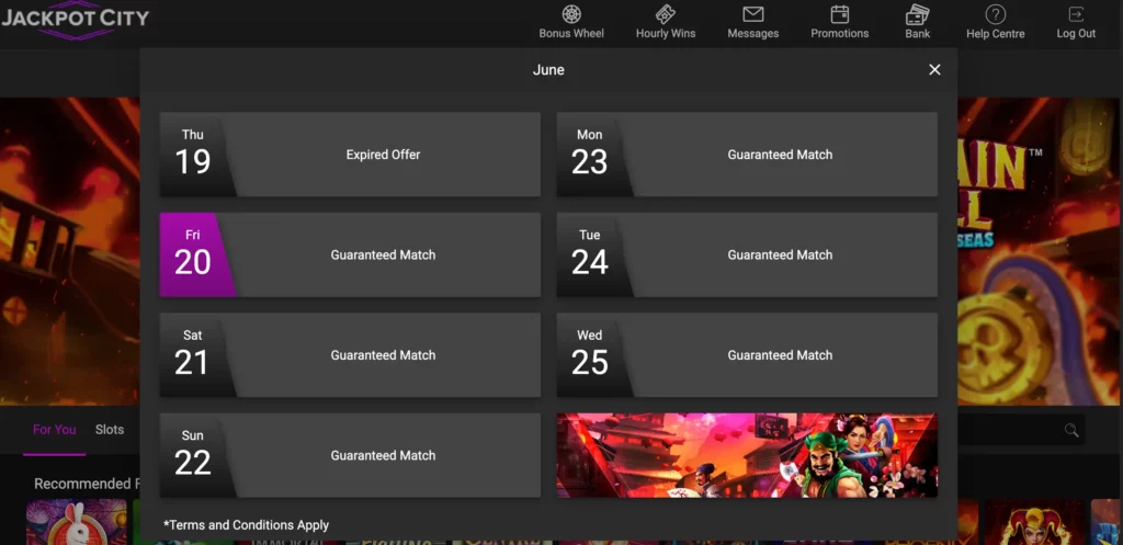 Jackpot City New Zealand homepage showing daily match bonus