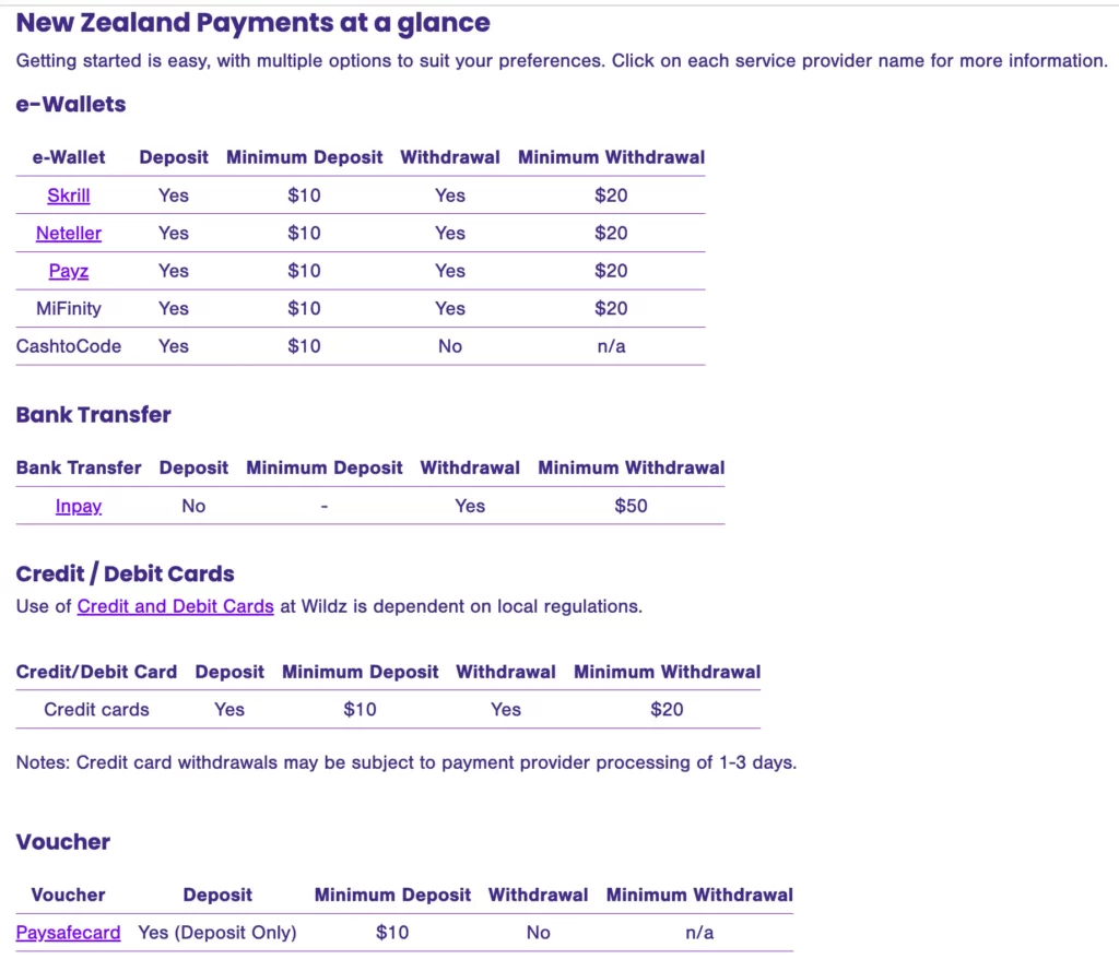 Screenshot of Wildz Casino NZ withdrawal options, including Skrill, Neteller, and credit card selections.