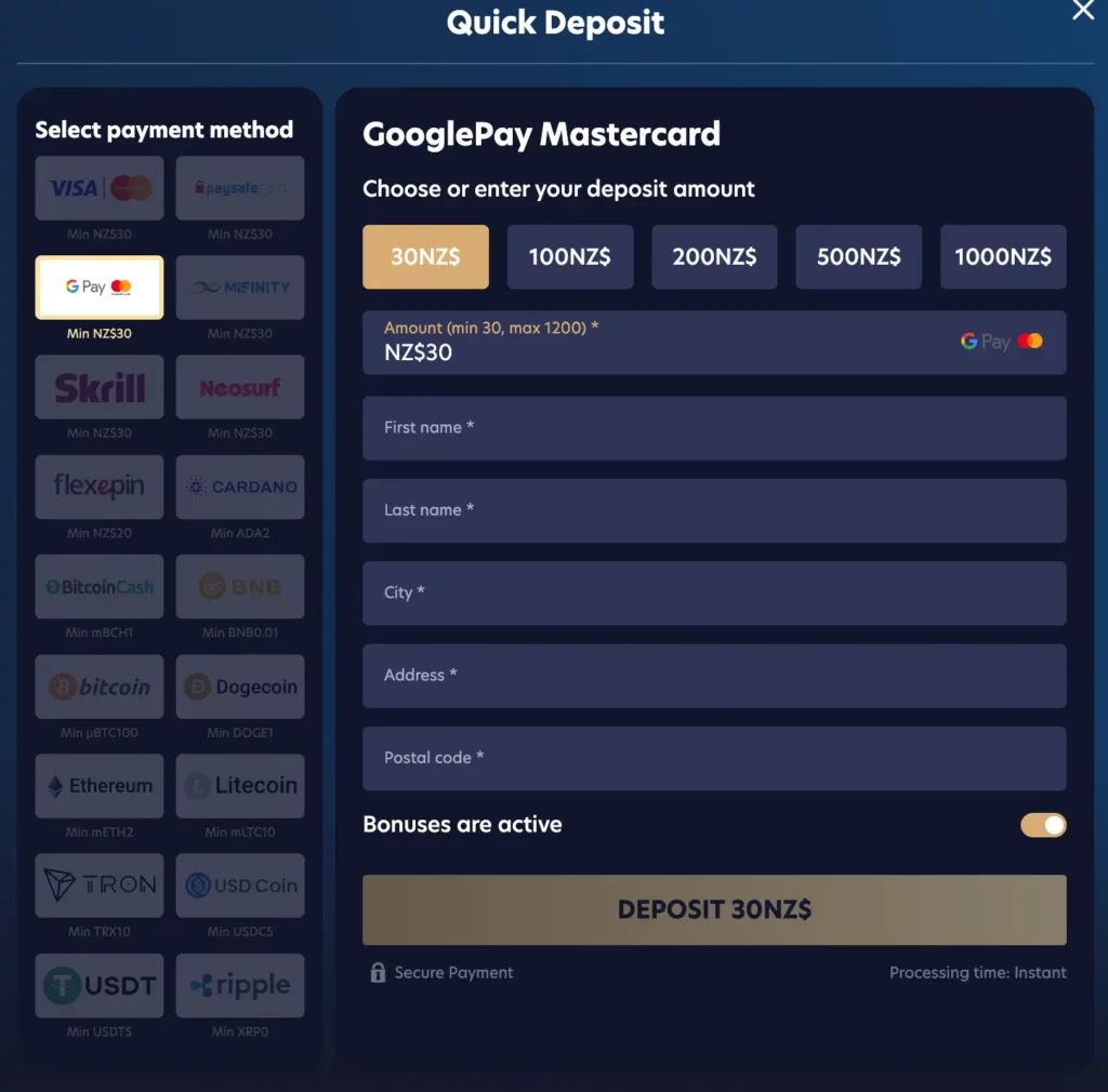 Screenshot of Lucky Dreams casino deposit options showing fiat and cryptocurrency methods for New Zealand users.