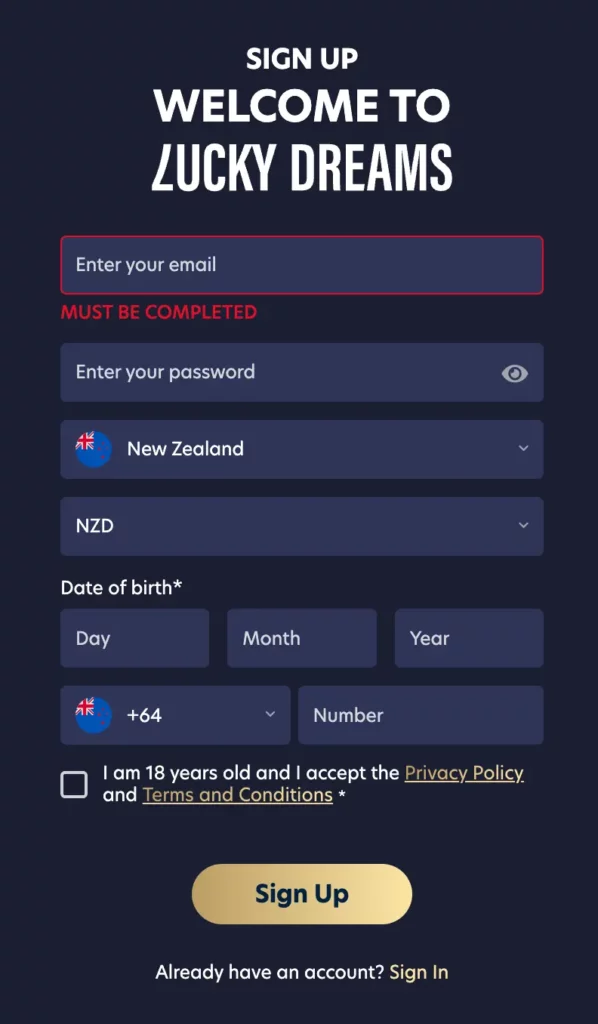 Screenshot of Lucky Dreams online casino NZ registration form with email and mobile number entry fields.