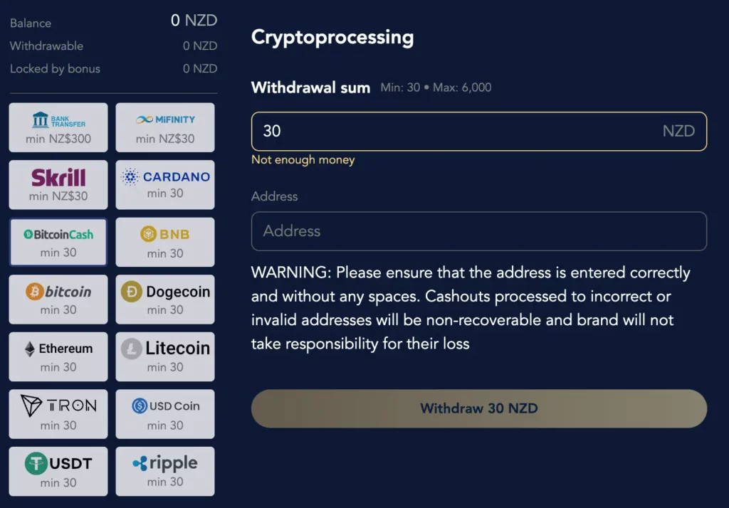 Screenshot of Lucky Dreams NZ withdrawal methods including bank transfer, Skrill, and multiple cryptocurrencies.