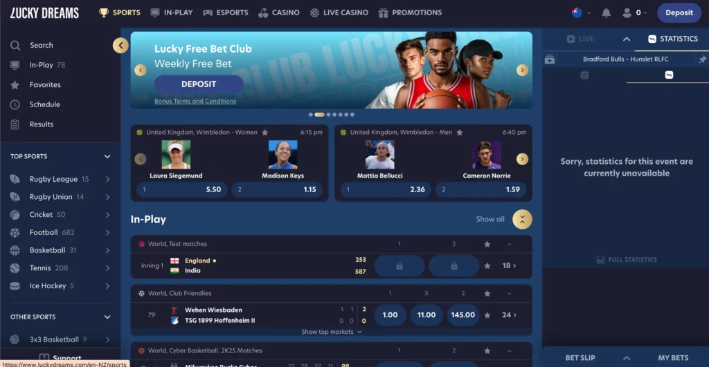 Screenshot of Lucky Dreams Casino NZ sportsbook showing FIFA Club World Cup and Wimbledon 2025 betting options.
