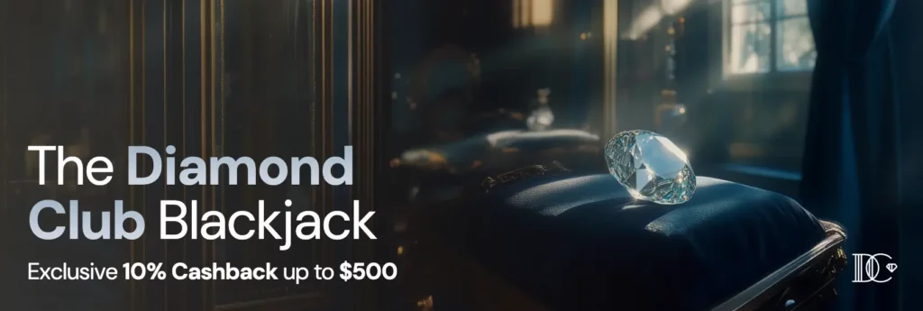 Screenshot of Lucky Ones Casino Diamond Club Blackjack cashback bonus offering 10% back up to NZ$500 every Tuesday.
