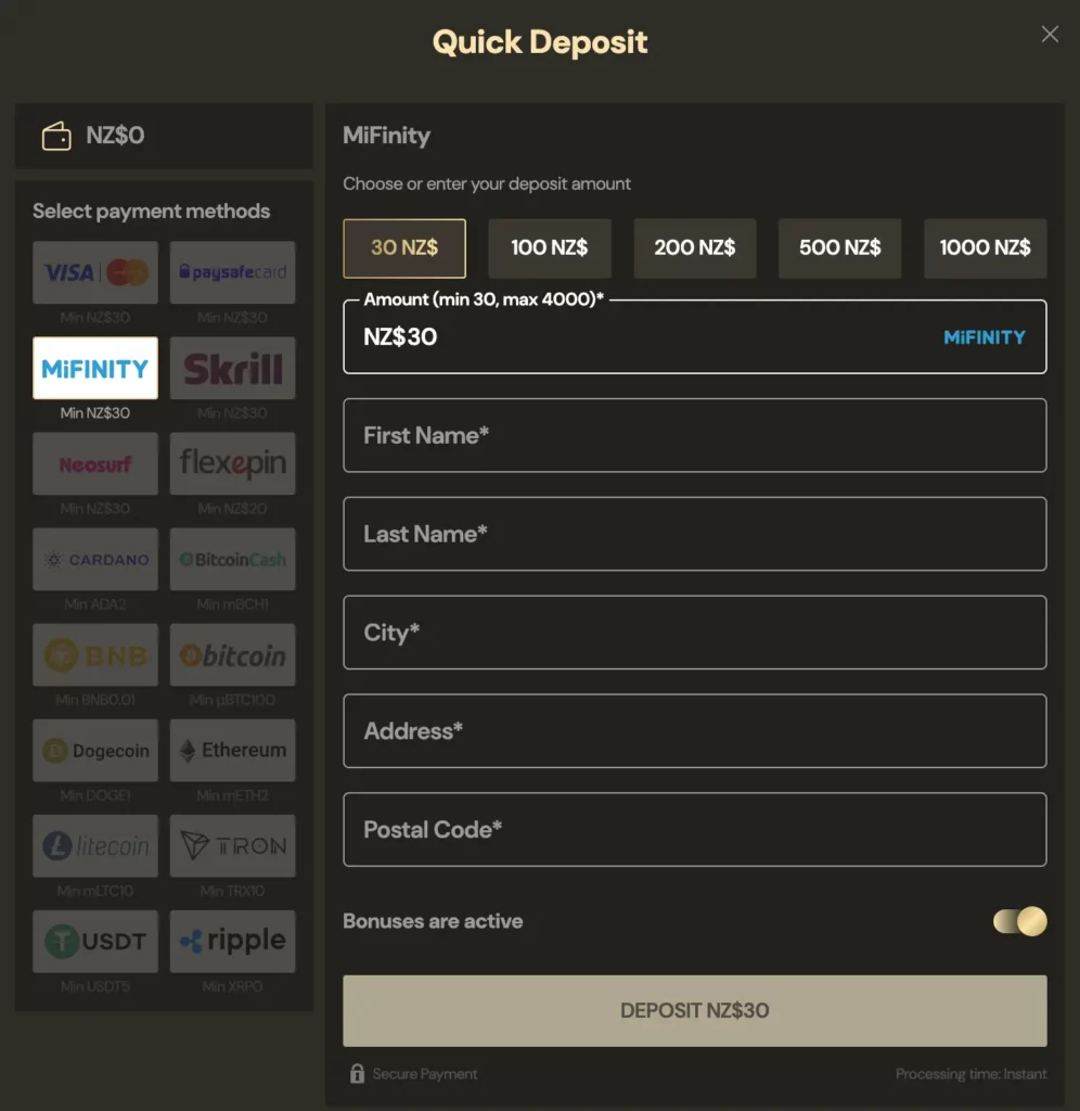 Screenshot of Lucky Ones Casino deposit page showing fiat and crypto payment options for New Zealand users.